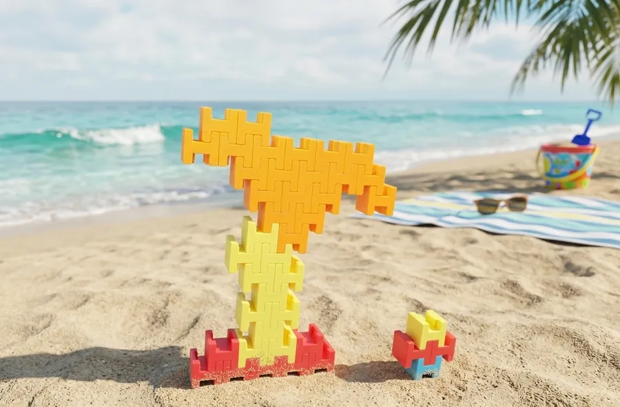 H blocks in orange, yellow, and red stacked into a tall tower on a beach