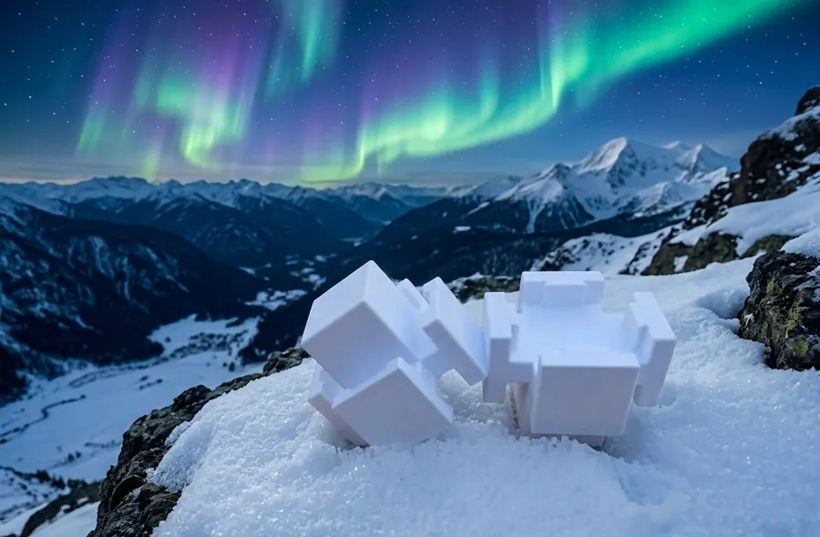Two white 3D printed Quad blocks on a snowy ridge under the northern lights