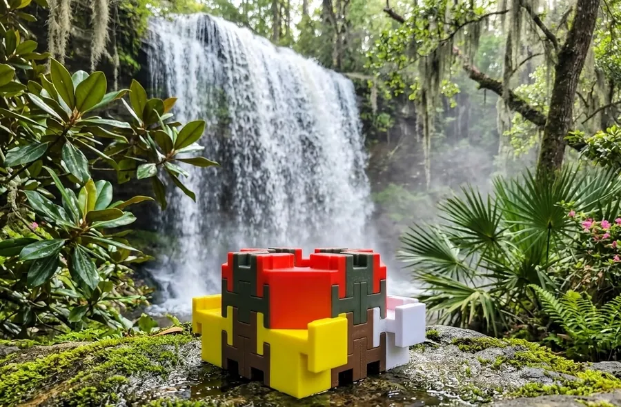 Starter Set: red, green, yellow, brown, and white interlocking toy blocks built into a small fort on a mossy rock
