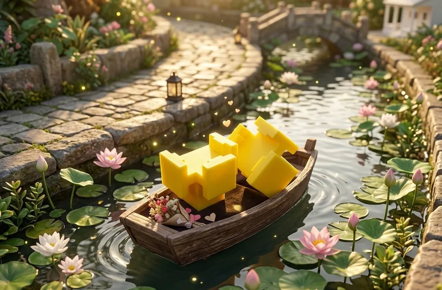 Two yellow 3D printed Tri blocks in a small wooden boat on a lily pond