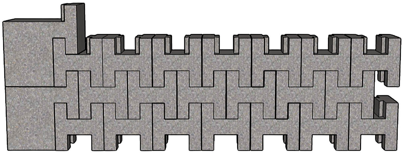 A row of Something LLC blocks interlocked into a single wall course